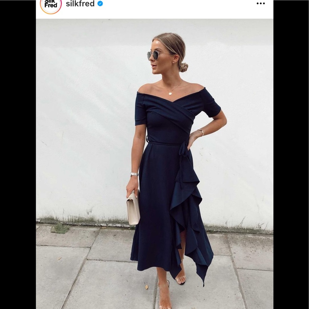 Silkfred off the shoulder navy blue midi dress